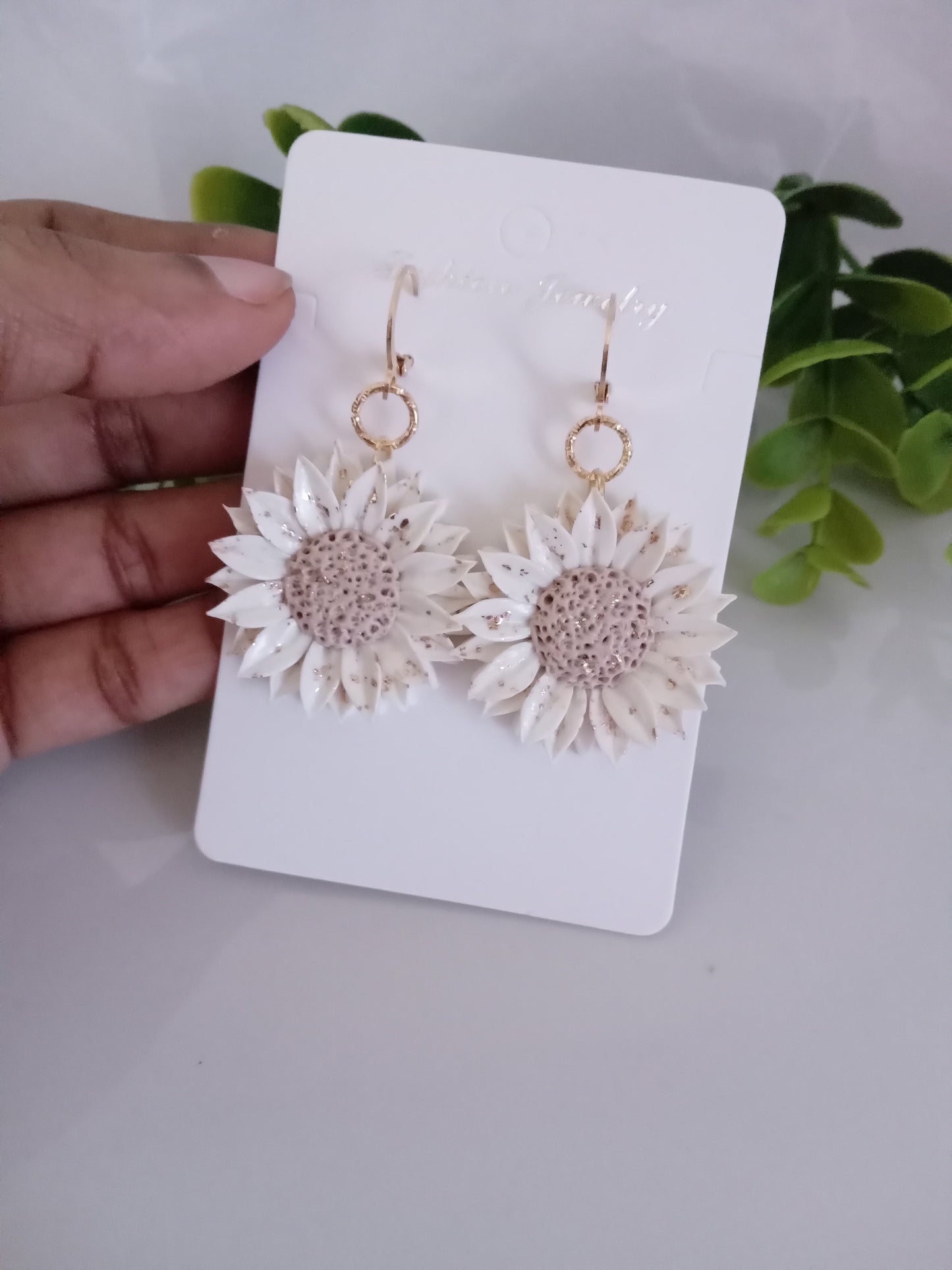 Handmade Sunflower Polymer Clay Earrings – White & Gold Foil Floral Dangle Earrings, Lightweight Statement Jewelry for Women