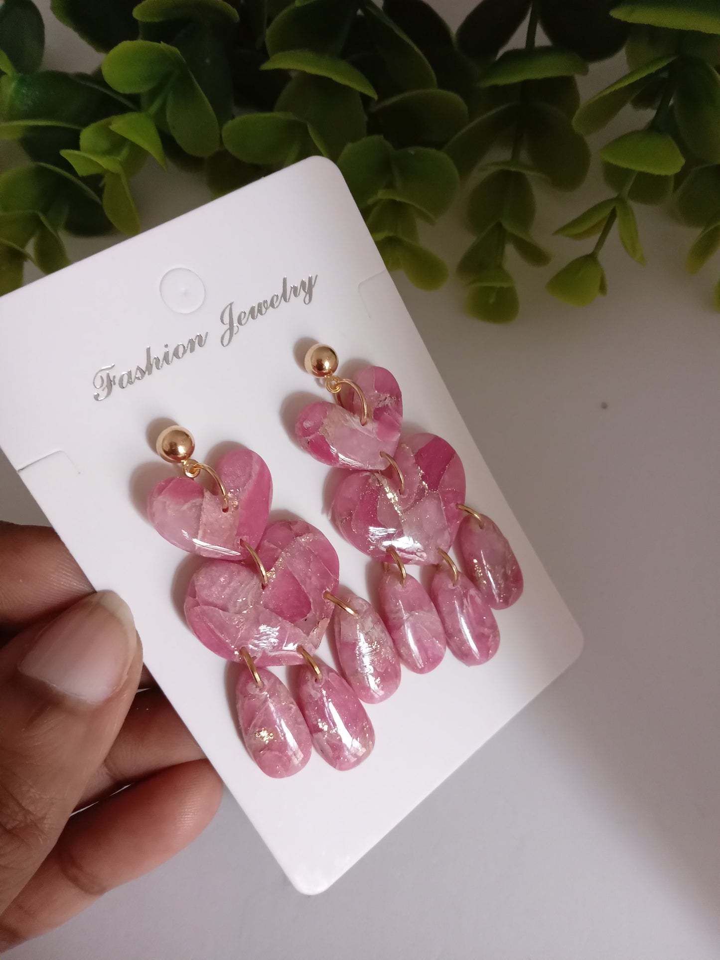 Pink Marble Heart Dangle Earrings  - Lightweight Clay Statement Jewelry