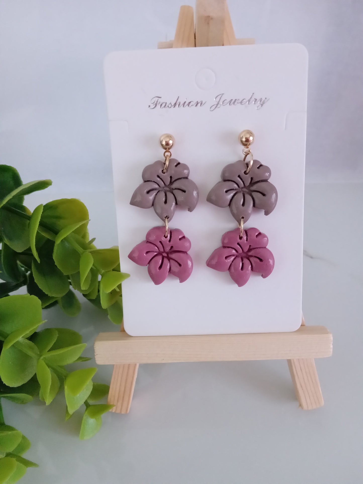 Handmade Floral Dangle Earrings – Unique Polymer Clay Flower Earrings, Brown & Purple, Lightweight Statement Jewelry