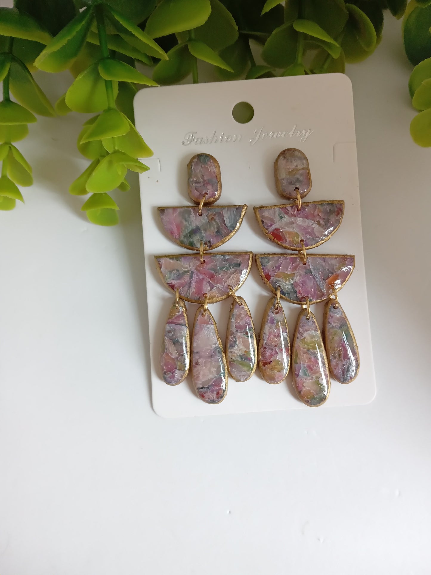 Handmade Statement Dangle Earrings – Colorful Marble Floral Resin, Lightweight Drop Earrings with Gold Trim