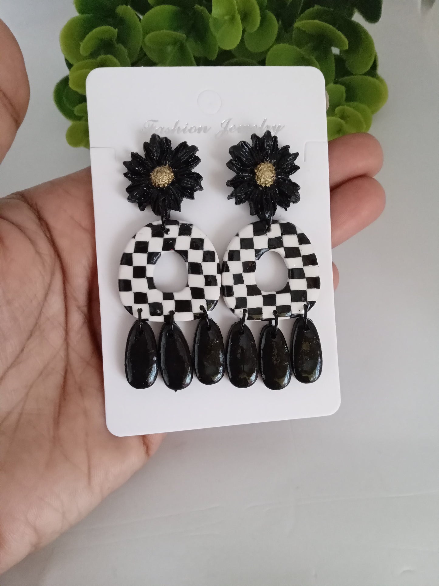 Handmade Polymer Clay Checkerboard Dangle Earrings  - Trendy Boho Jewelry