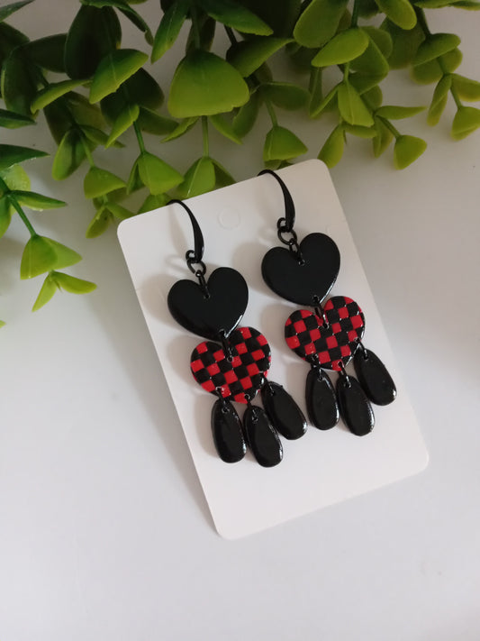 Polymer Clay Earrings Handmade - Bold Red Black Heart Statement Dangles for Her