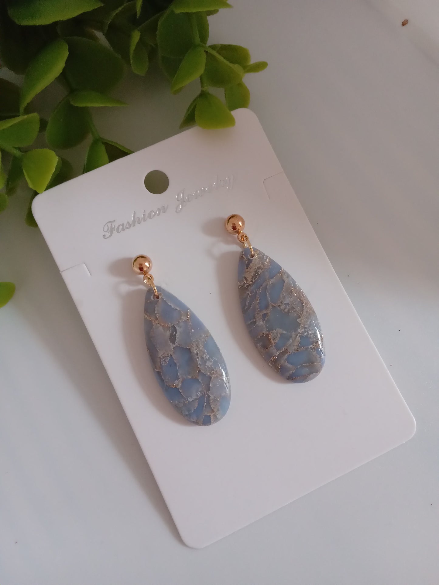 Blue Cracked Marble Teardrop Earrings – Elegant Lightweight Dangle Earrings for Women | Handmade | Hypoallergenic | Gift Ready