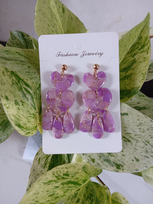 Purple Marble Heart Dangle Earrings  - Lightweight Clay Statement Jewelry