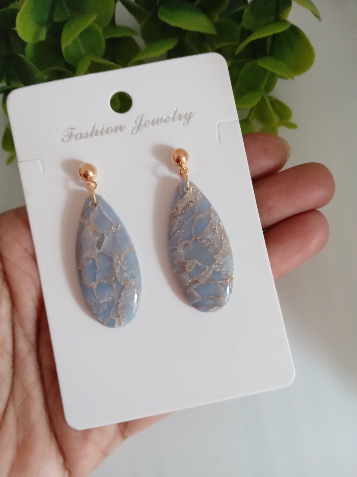 Blue Cracked Marble Teardrop Earrings – Elegant Lightweight Dangle Earrings for Women | Handmade | Hypoallergenic | Gift Ready