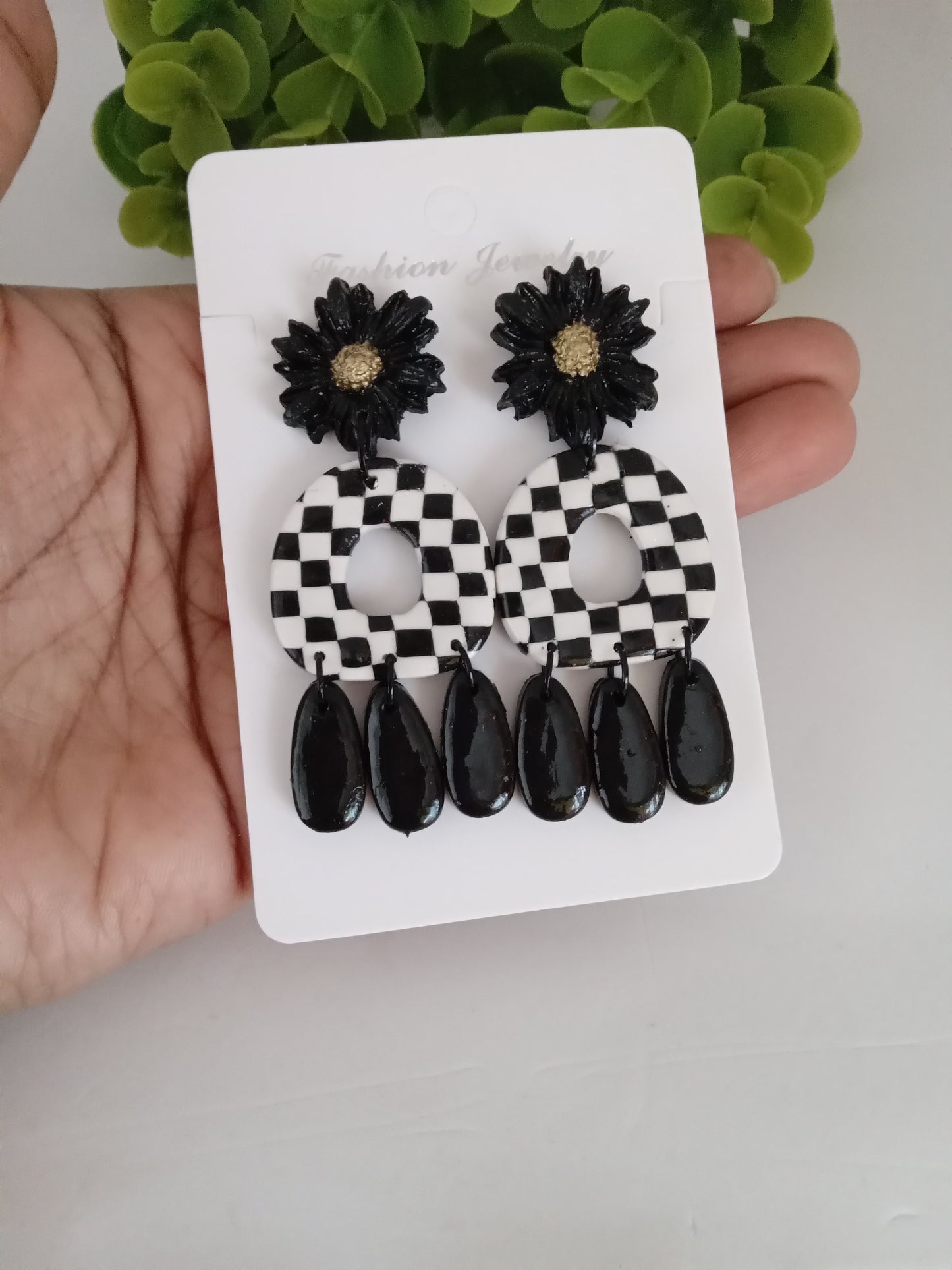 Handmade Polymer Clay Checkerboard Dangle Earrings  - Trendy Boho Jewelry