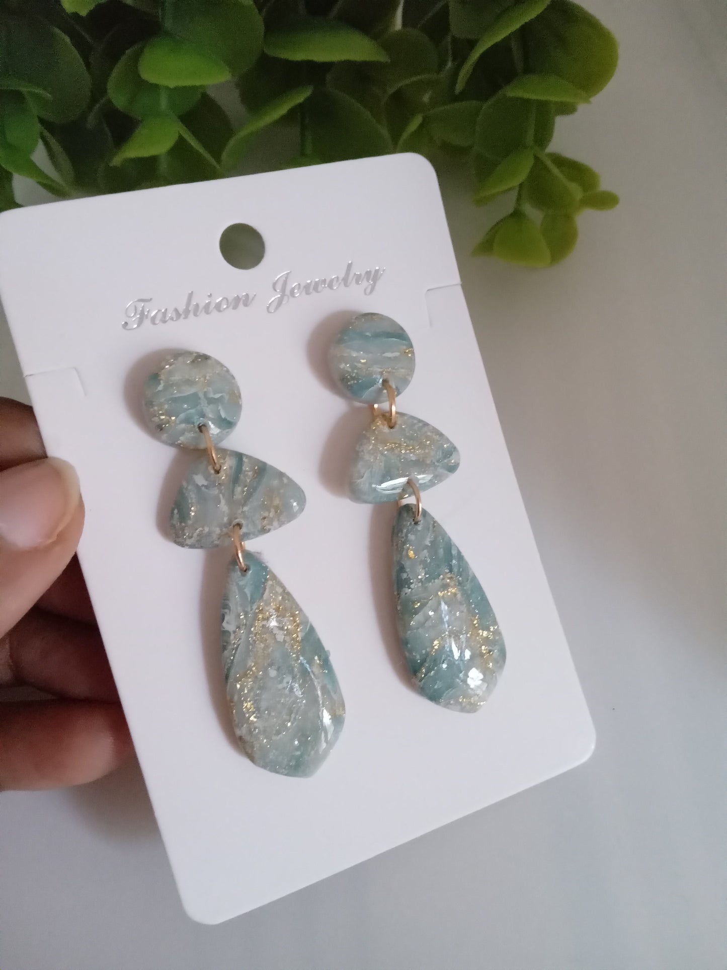 Elegant Blue Marble Drop Earrings with Gold Accents | Lightweight Gift Jewelry