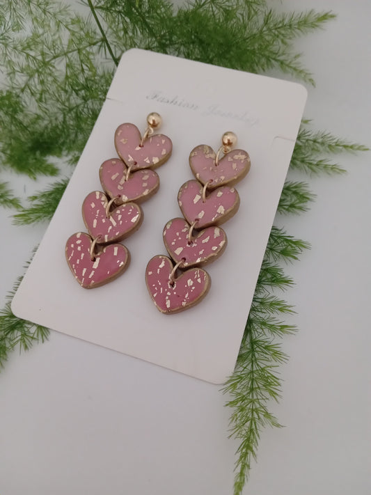 Handmade Pink Heart Drop Earrings with Gold Leaf- Romantic Statement Jewelry for Women