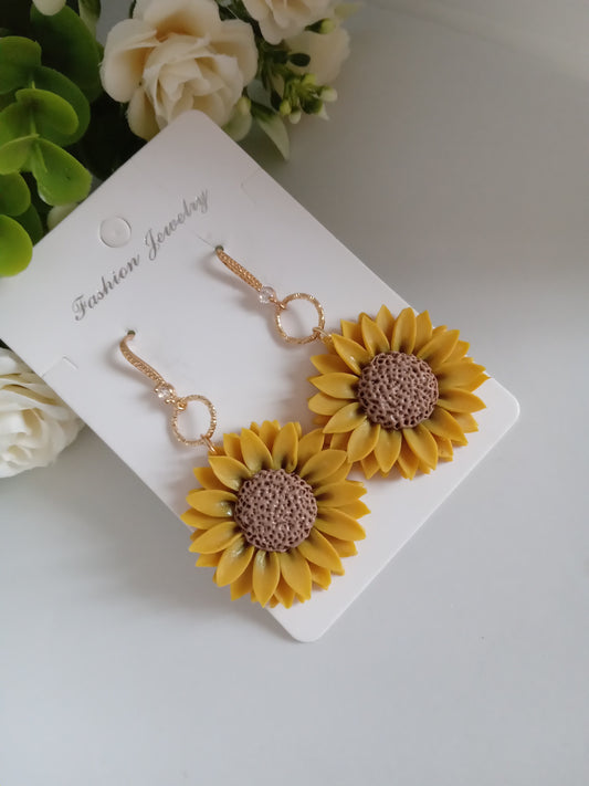 Sunflower Dangle Earrings - Handmade  Yellow Clay Flower Jewelry