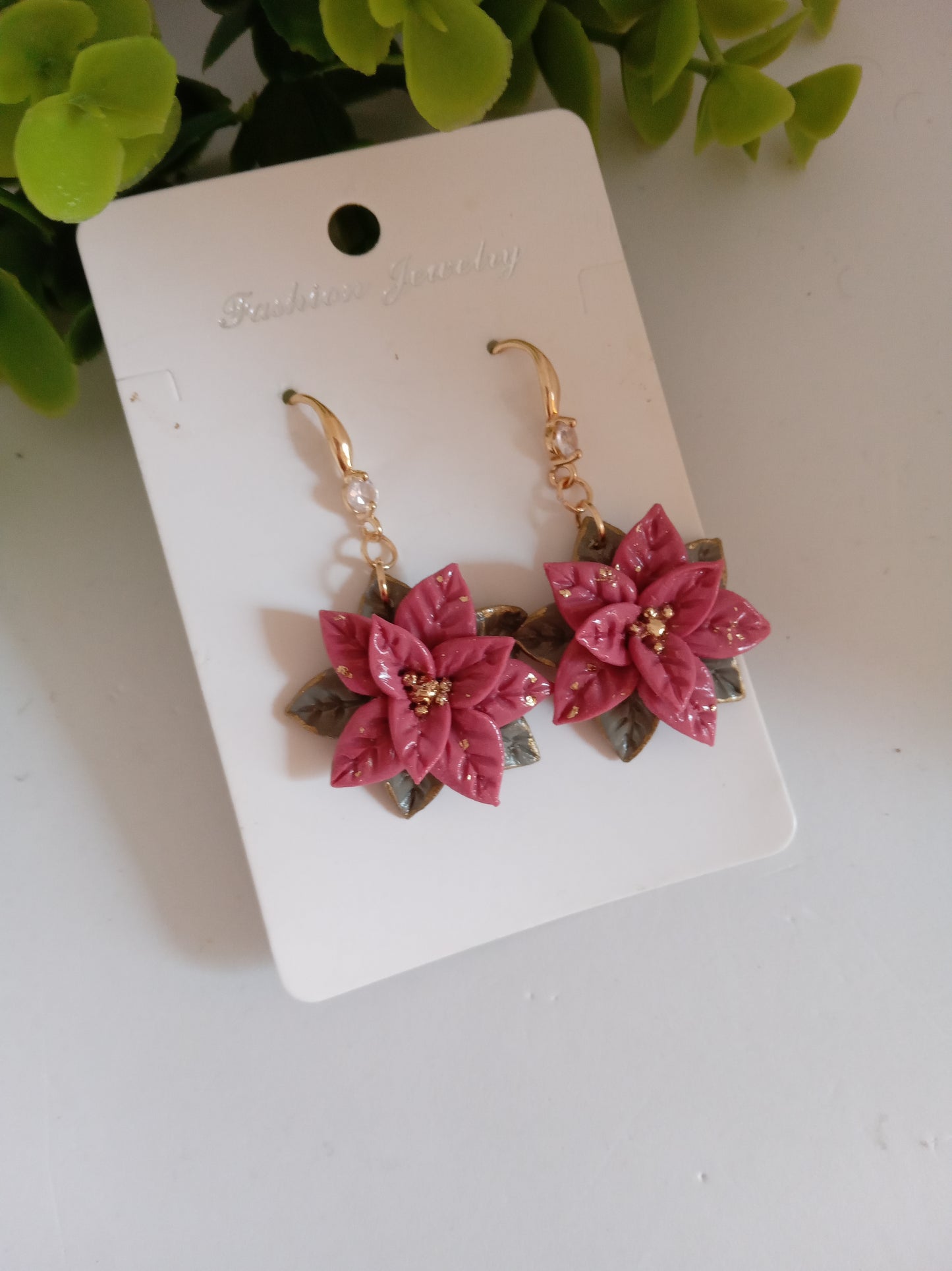 Christmas pink Poinsettia Flower Earrings – Handmade Holiday Dangle Earrings, Festive Floral Jewelry Gift for Women