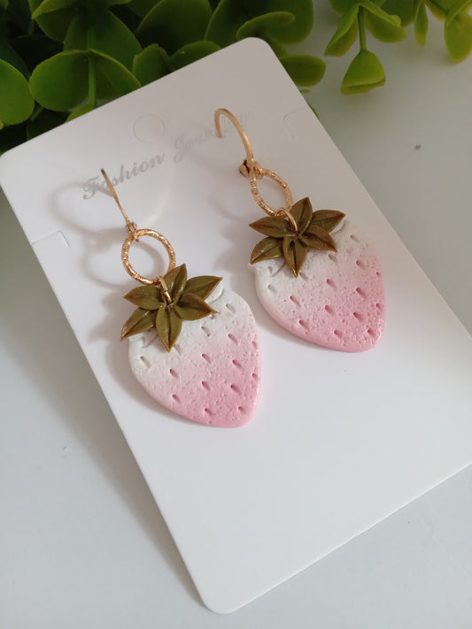 Handmade Dangle Strawberry Earrings - Pink  White  Polymer Clay Fruit Jewelry for Women