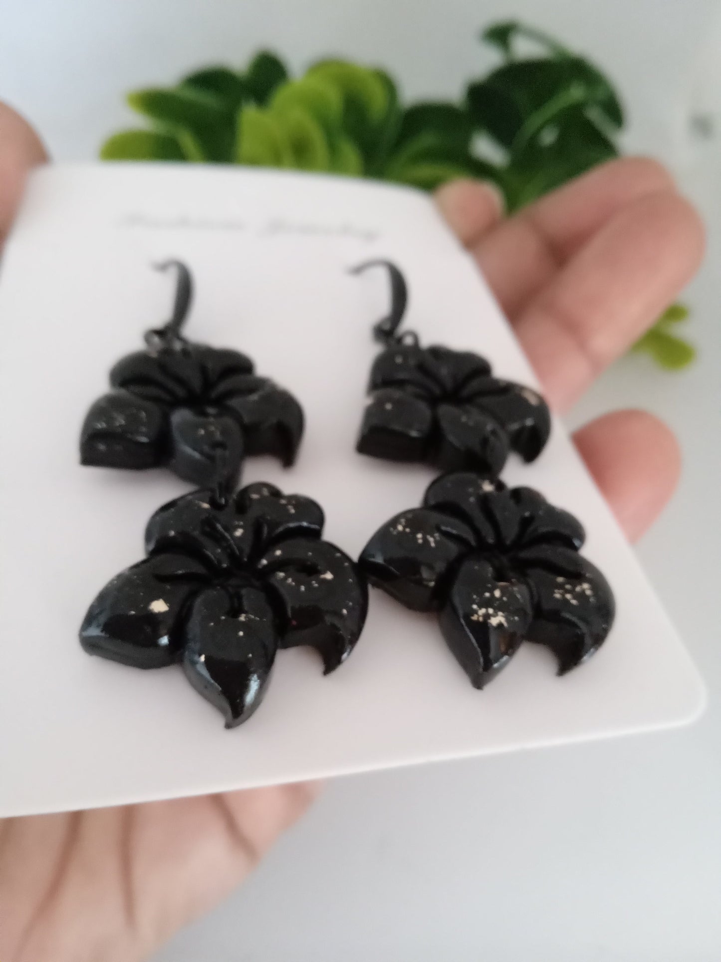 Black Handmade Floral Dangle Earrings – Unique Polymer Clay Flower Earrings Black Friday sale