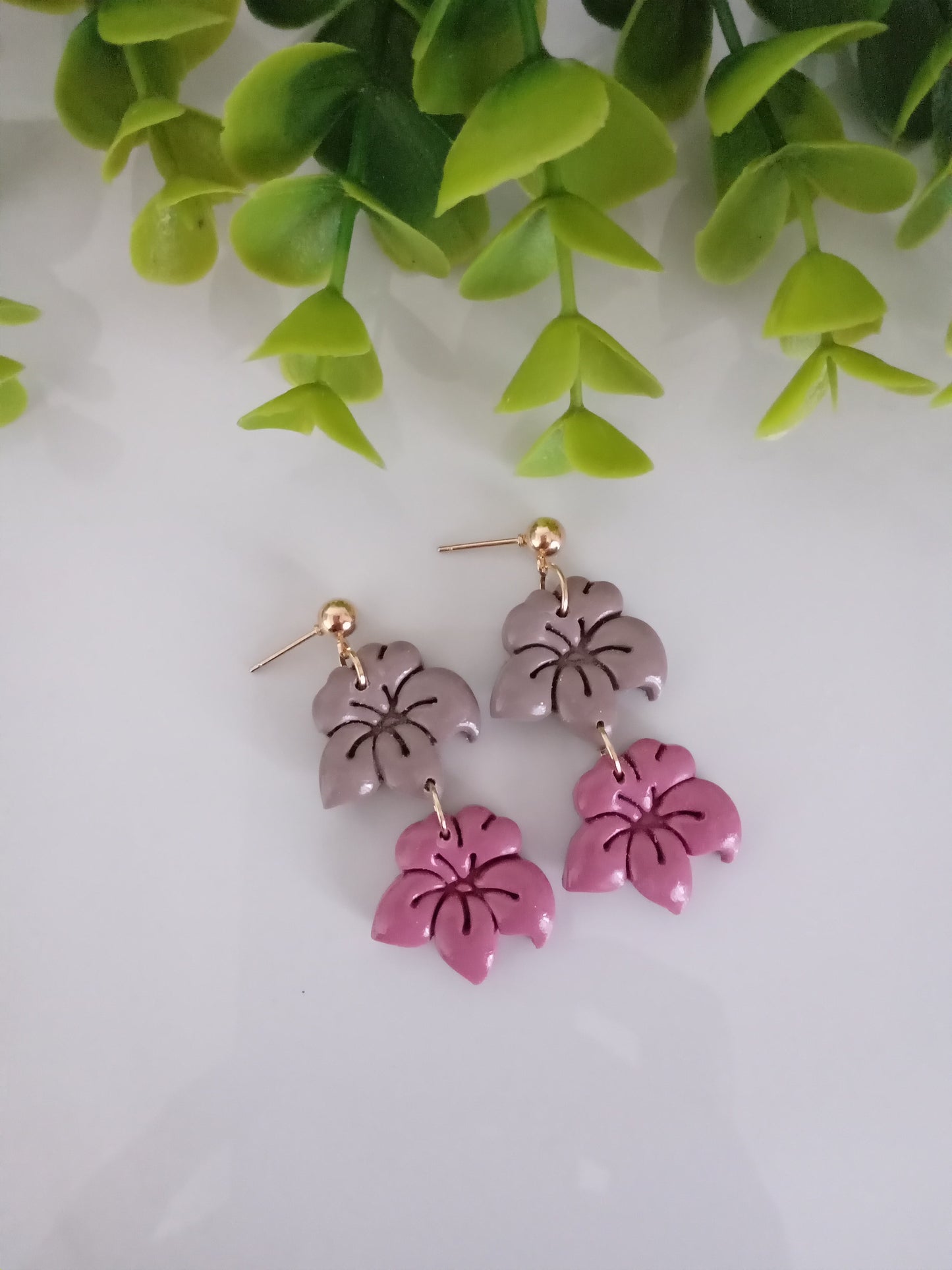 Handmade Floral Dangle Earrings – Unique Polymer Clay Flower Earrings, Brown & Purple, Lightweight Statement Jewelry